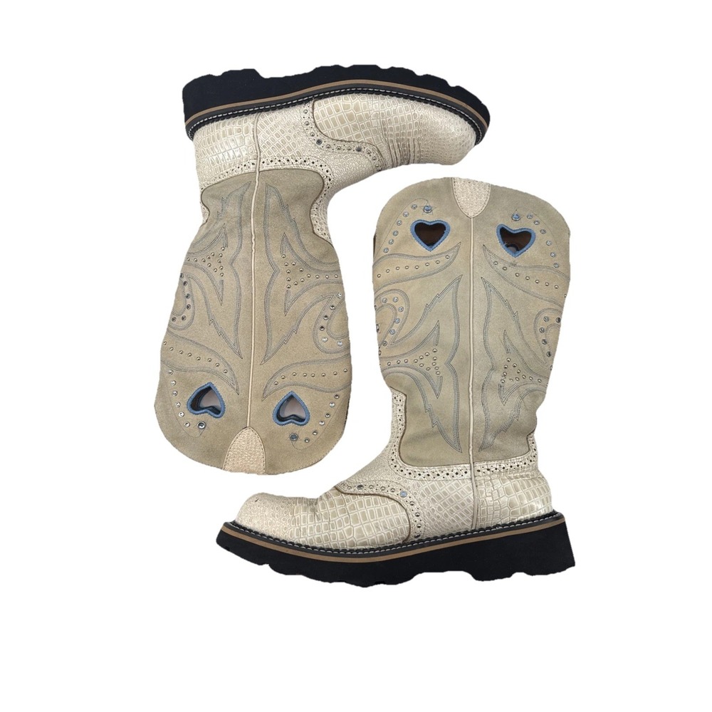 Ariat Baby Buck Cowboy Boots Women 11 B Ivory Heart Cutout Gator Embossed Y2k